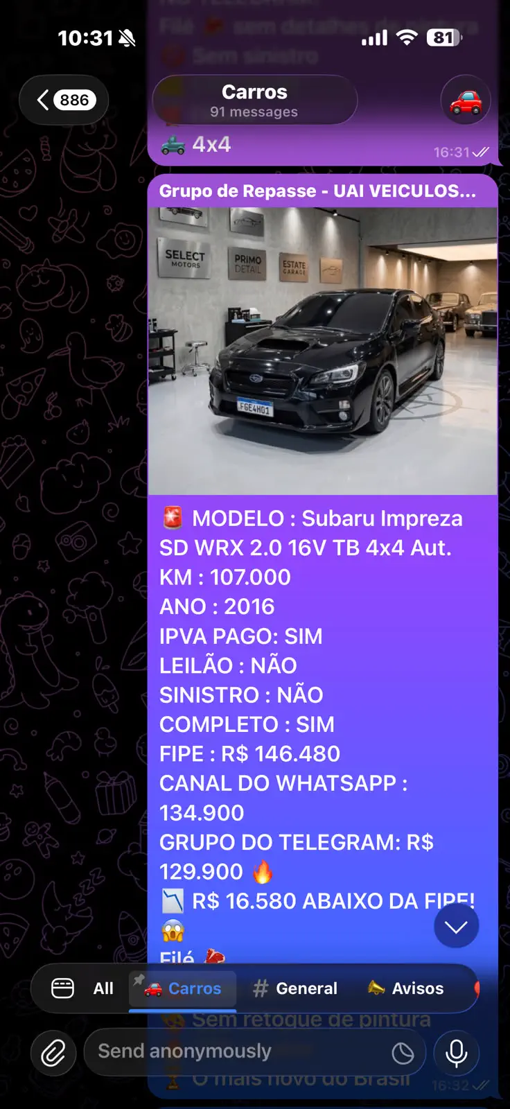 Captura real do grupo oficial UAI Prime Repasse no Telegram